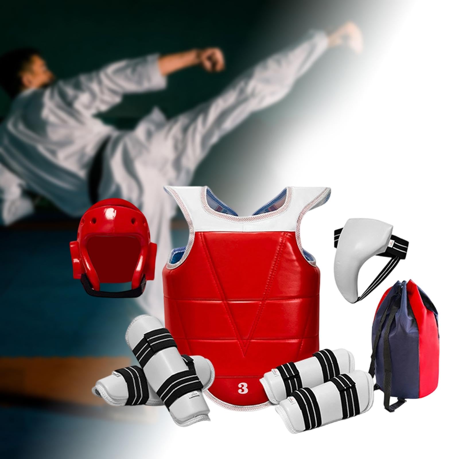 Équipement de Protection Taekwondo 6 Pièces, Plastron et Casque Renforcés pour Combat et Entraînement, Kit de Sécurité Arts Martiaux avec Sac de Transport, Équipement Professionnel, Rouge
