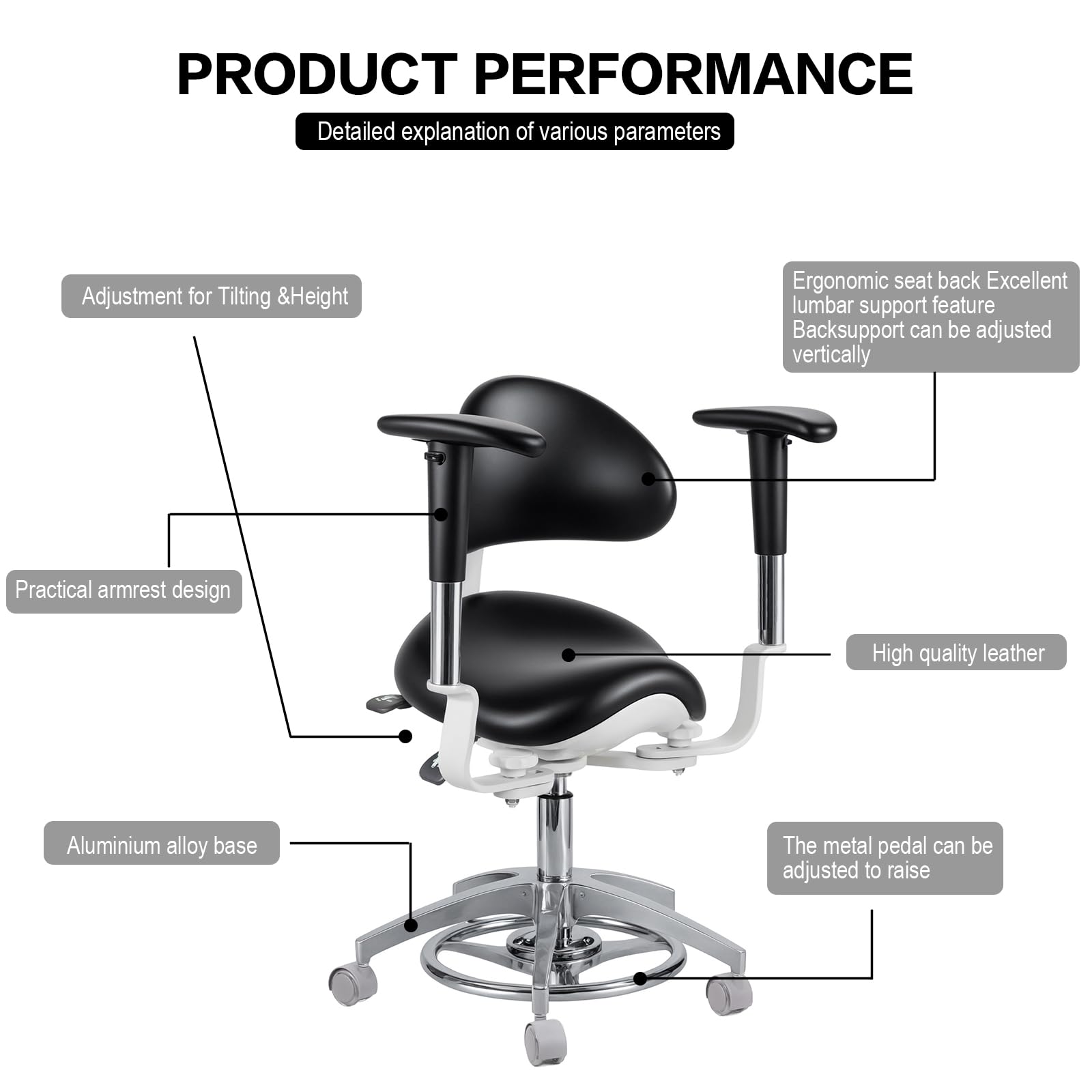 Koultona Dynamic Microscope Chair Foot Controlled Swivel Adjustable Medical Saddle Chair with Foot Controlled PU Double Armrests