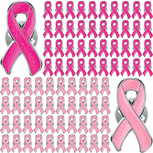 Hoteam 200 Pcs Pink Ribbon Glitter Breast Pin Glitter Breast Cancer Brooch Pin Ribbon Pins Breast Cancer Awareness Lapel Pin Charity Public Fundraiser Supplies