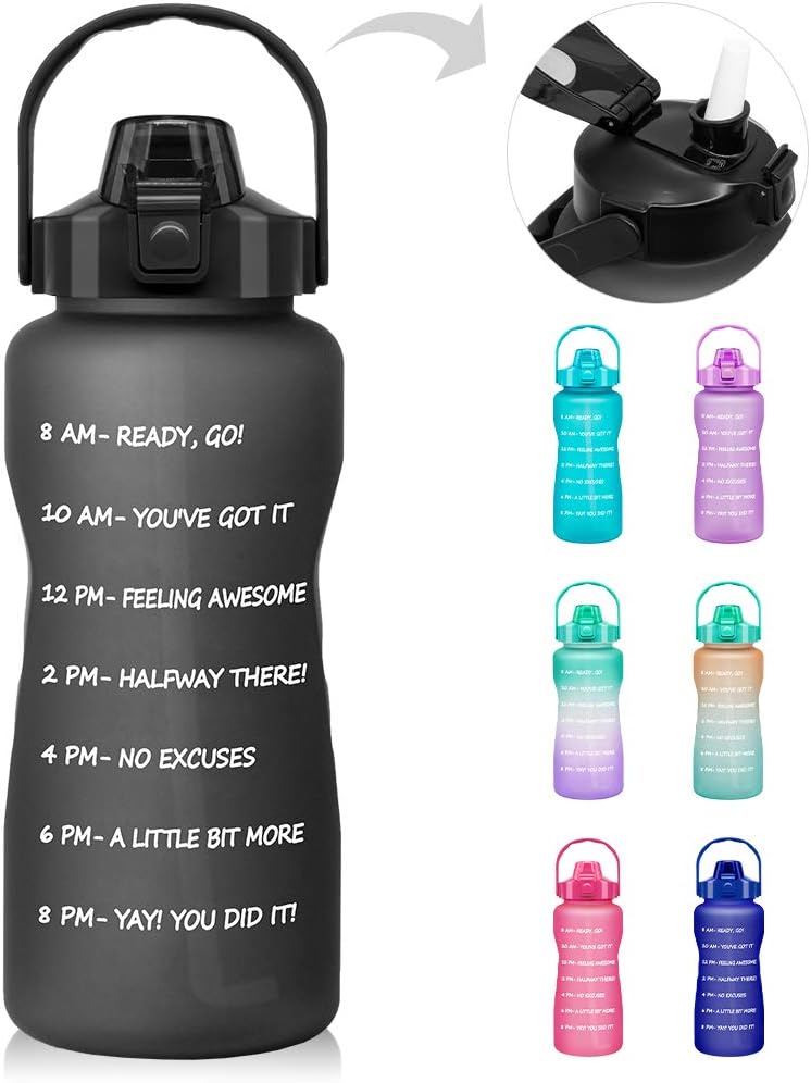 Half Gallon Motivational Water Bottle with Straw & Time Marker - 64 oz BPA Free Reusable Tritan Frosted Large Sport Water Bottle