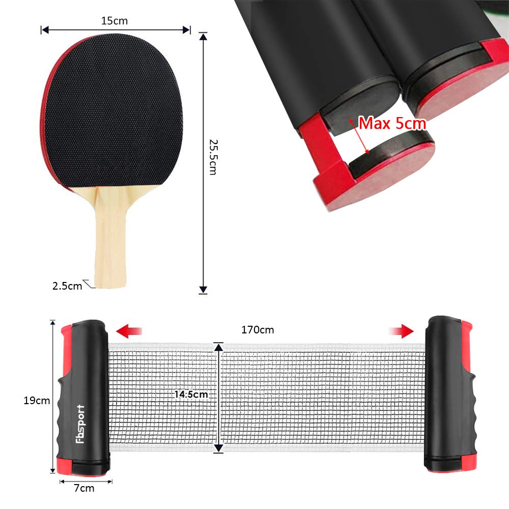 FBSPORT Filet ping Pong pour Table ping Pong kit,2 Raquettes, 6Balles,1 Sac, 1 Extensibles Filet,Set de Tennis de Table