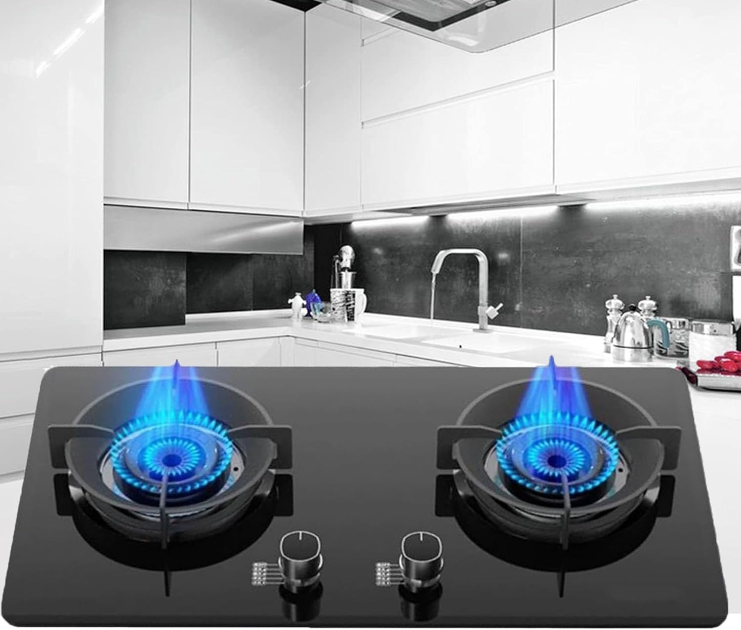 2 Burner Gas Cooker, 4.8KW Kitchen Counter Top Stove, Tempered Glass Removable Cast Iron Pot Holder, with Flameout Protection, for Home Motor Camp Hob(LPG)(LPG)