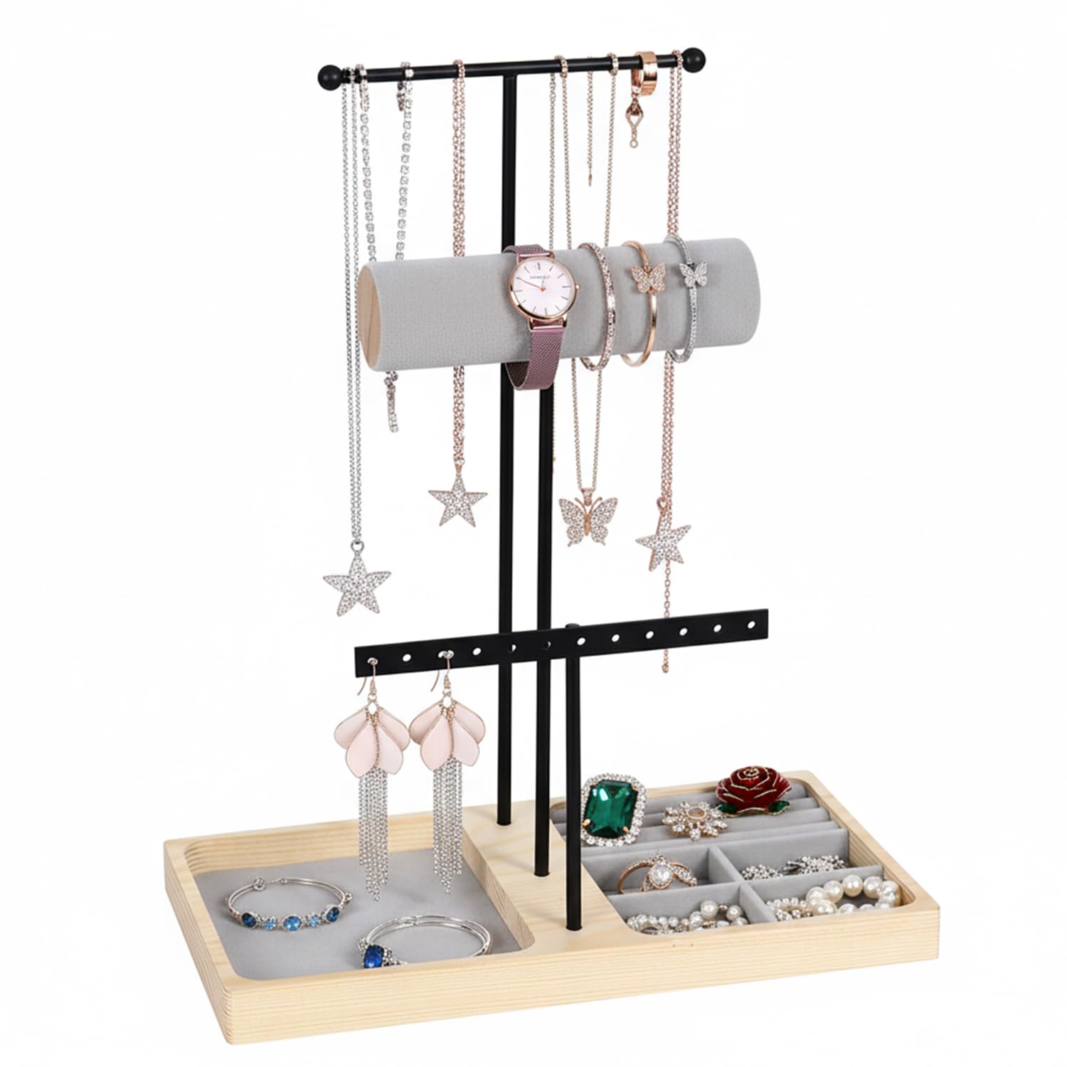 Schwarzer T-förmiger Schmuckorganizer, Platzsparender Schmuckständer für Ketten, Armbänder, Ringe & Uhren Stylischer Schmuckhalter mit mehreren Aufhängern Schmuckaufbewahrung im modernen Design