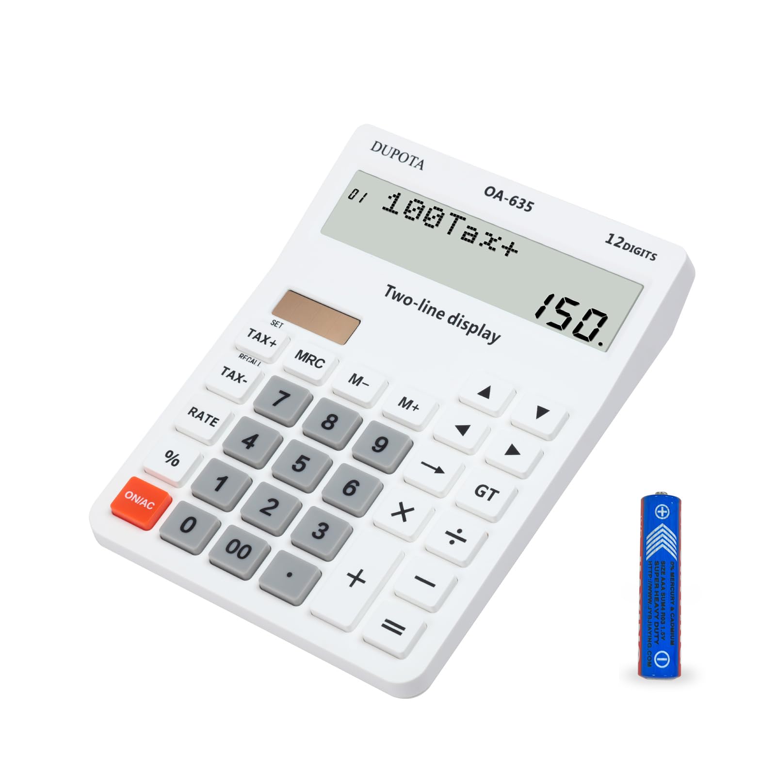 DUPOTA Desk Calculator 2 Line Large Display Big Buttons Handheld Vat Calculators Dual Solar Power and Battery, Calculator with Tax and Check Function for Office, Home, School and Business（OA-635）