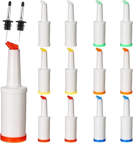 Chengu Botellas de jugo de frutas de 34 onzas, suministros de barra de licor de plástico con vertedor de botellas de acero inoxidable, boquilla