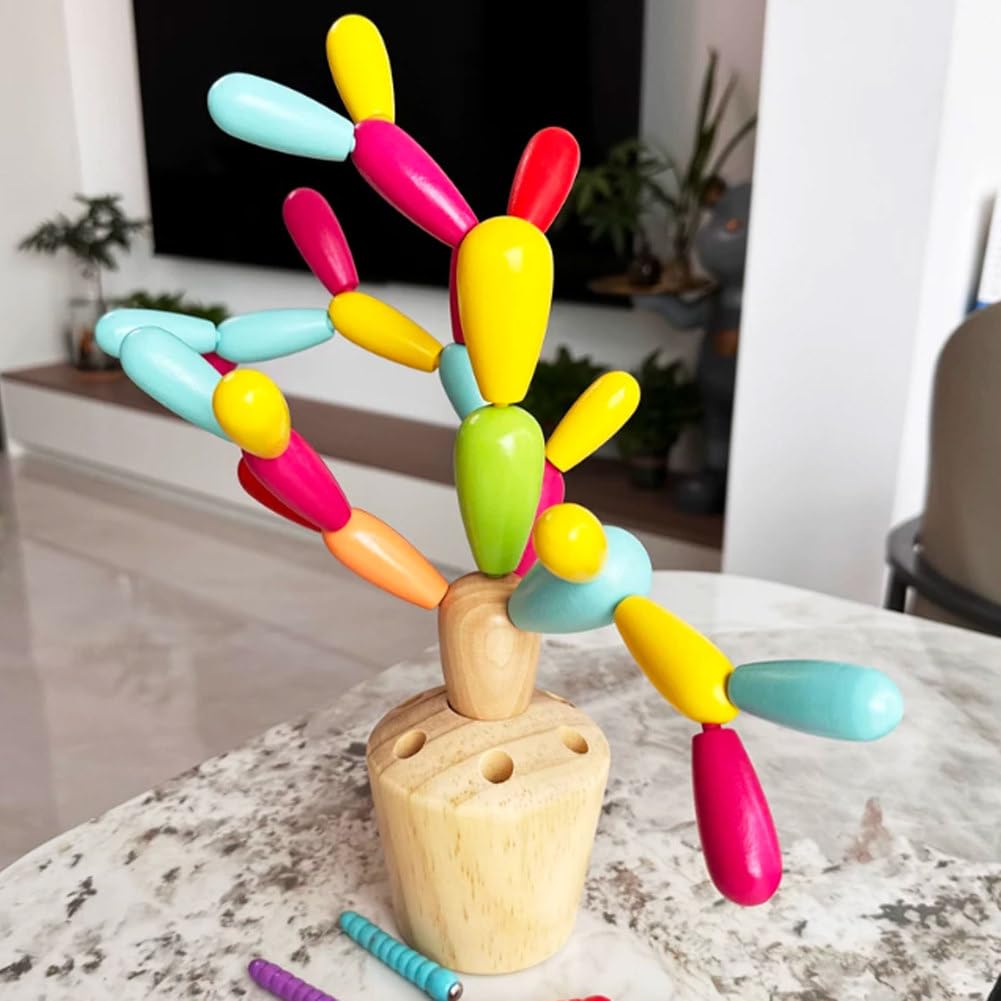 Montessori 2-in-1 Holz Kaktus Stapel- und Insektensammelspiel | Buntes Steckspielzeug-Puzzle, Kleinkind Feinmotorik Hand-Auge-Koordination Lehrreiches Bau-Spielzeug