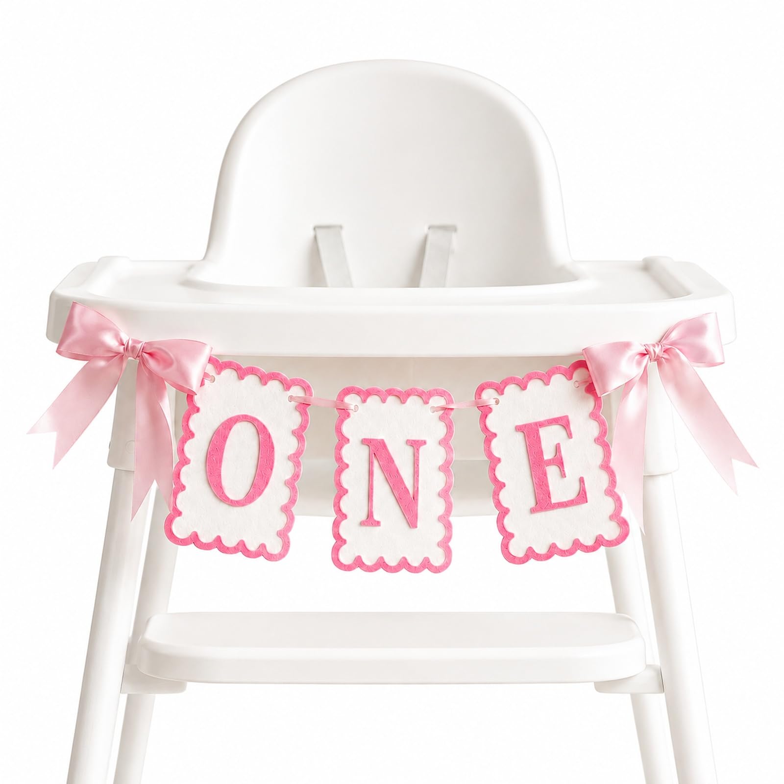 One High Chair Banner for Girls 1st Birthday, Felt First Birthday High Chair Banner With Ribbon Bows, for Sweet One Party Supplies Photo Prop, Party Decoration(Pink)