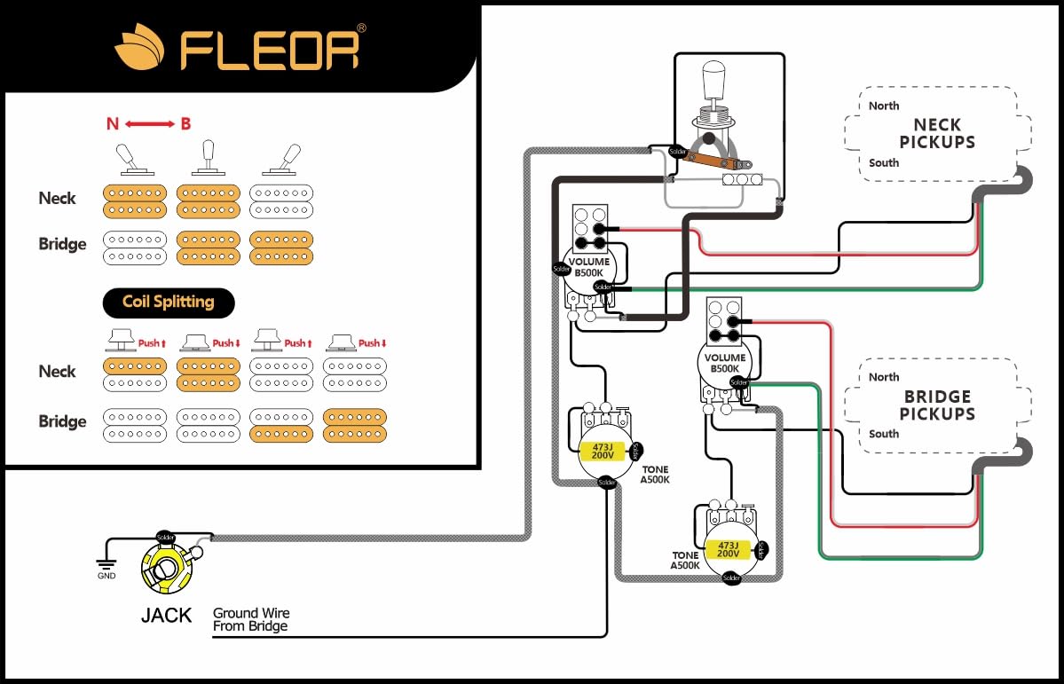 FLEOR Kit di cablaggio precablato 2T2V con interruttore a levetta a 3 vie a 4 fori vasi da 500K per chitarra LP LP