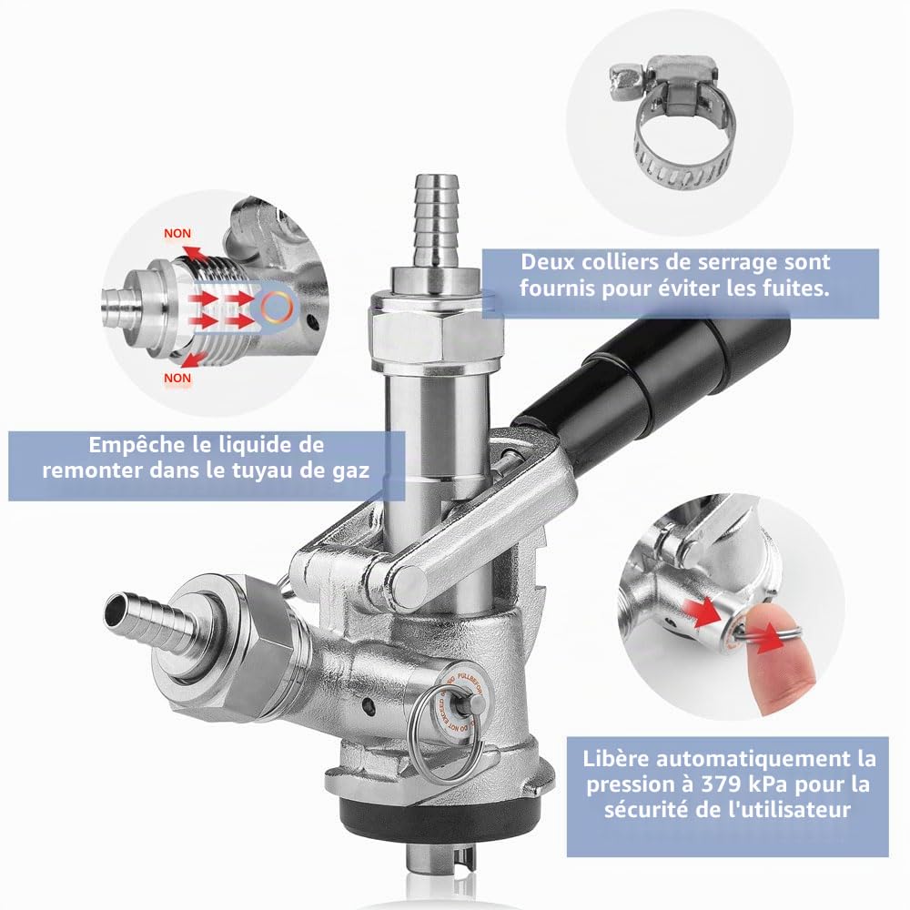 TMCRAFT Raccord de fût, sonde en acier inoxydable, corps en laiton, système S, raccord de robinet Sankey pour conduite de bière de 5/16", tuyau de brassage à gaz avec clapet anti-retour, rondelle