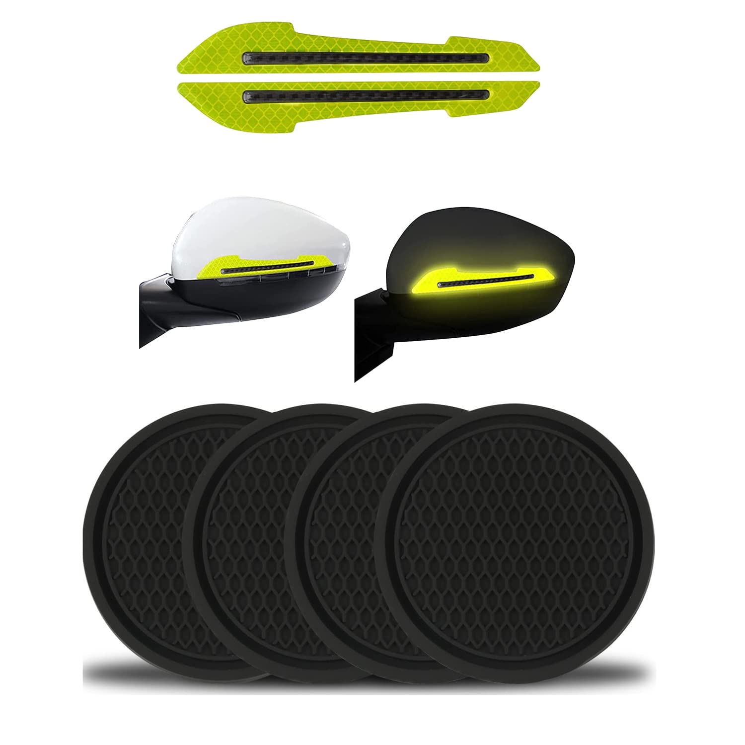 Chefair® (Black) 4PCS Universal Non-Slip Cup Holders Embedded Coaster and (Green) 2 Pieces Car Stickers Set Rearview Mirror Reflective Warning Stickers Compatible with Mni Clubman
