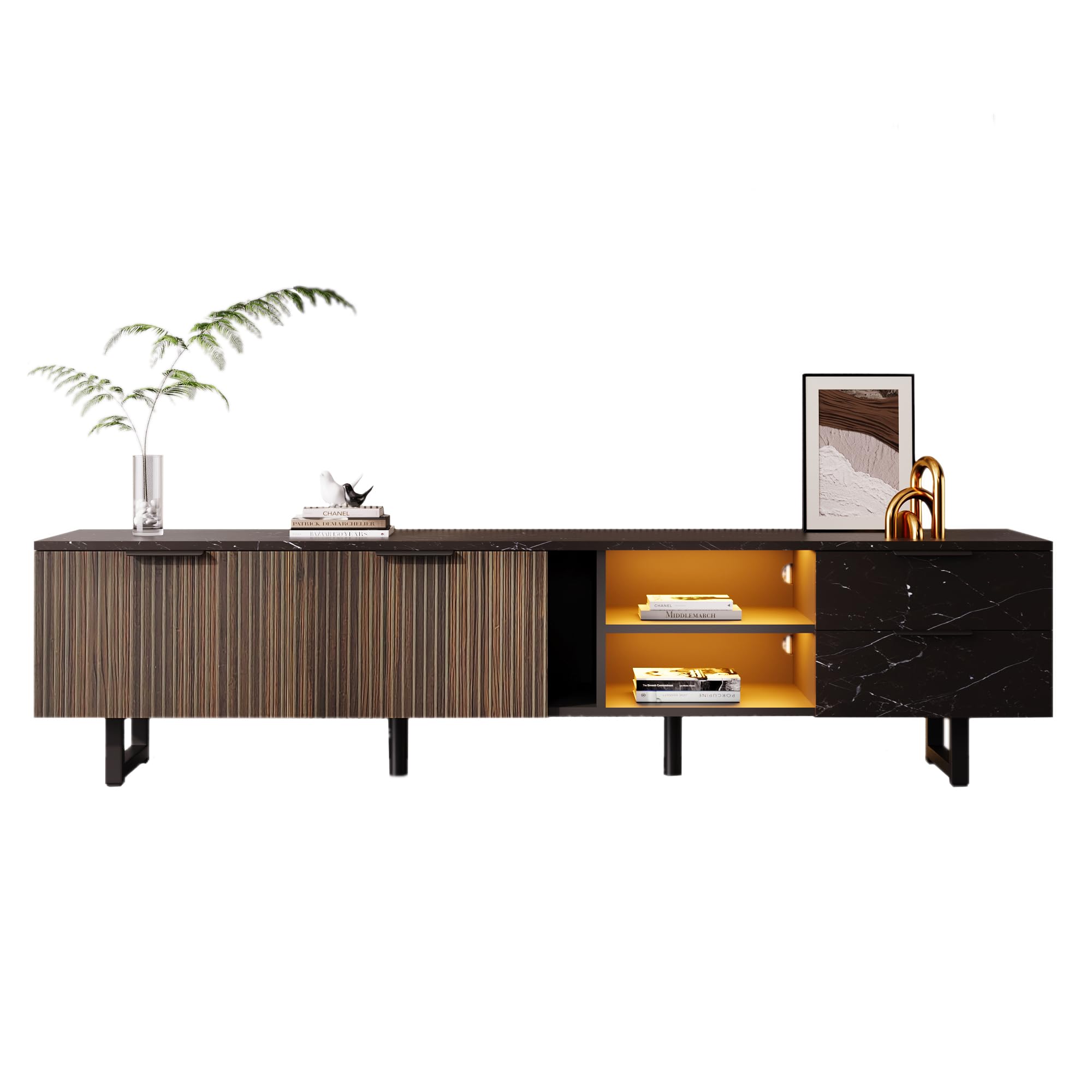 Azkoeesy Mobile TV 200 cm con luce a LED, con venature del legno scuro e effetto marmo, gambe in metallo, moderno mobile basso/mobile TV per soggiorno