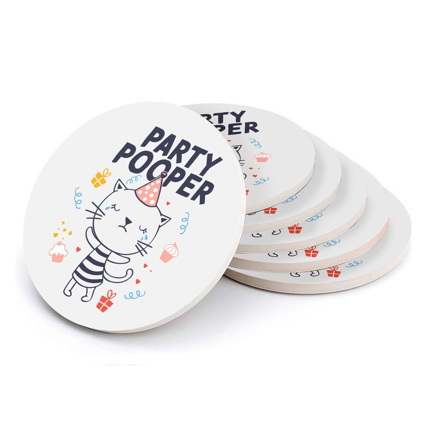 Sous-verre ronds en céramique anti-rayures Party Pooper Lady Cat Lot de 6