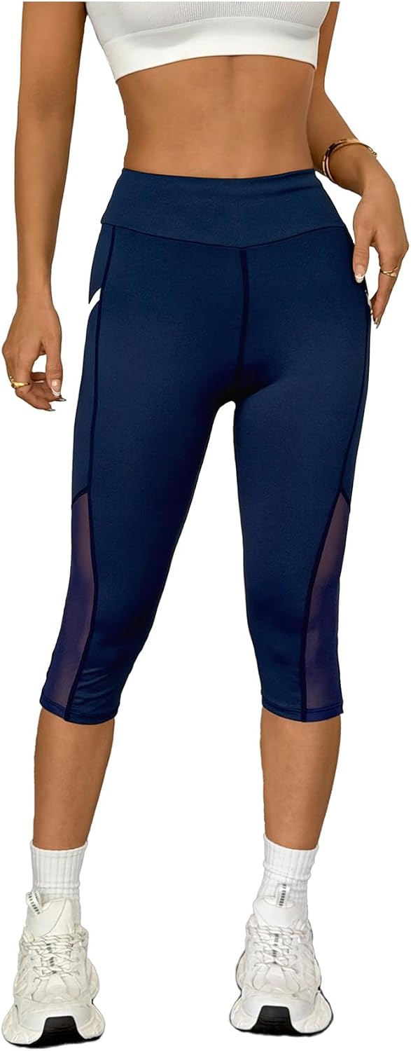Verdusa Women's Striped Mesh Leggings High Waisted Tummy Control Workout Gym Capri Pants