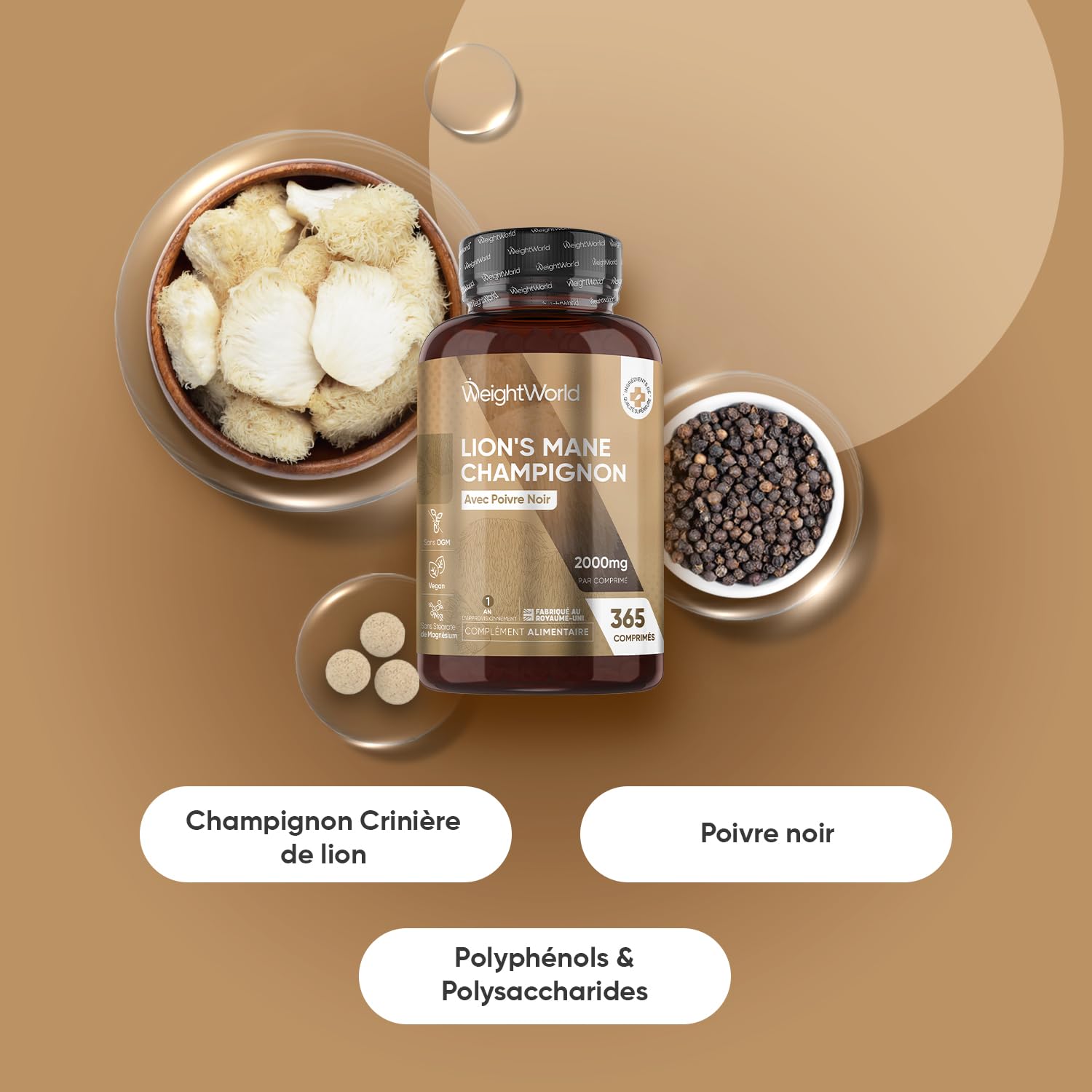 Lions Mane Champignon 2000mg 365 Micro-Comprimés Vegan (1 An), avec Poivre Noir Fournit 50% de Polyphénols, Extrait d'Hericium Erinaceus 25:1 Champignon Crinière de Lion sans Stearate de Magnésium