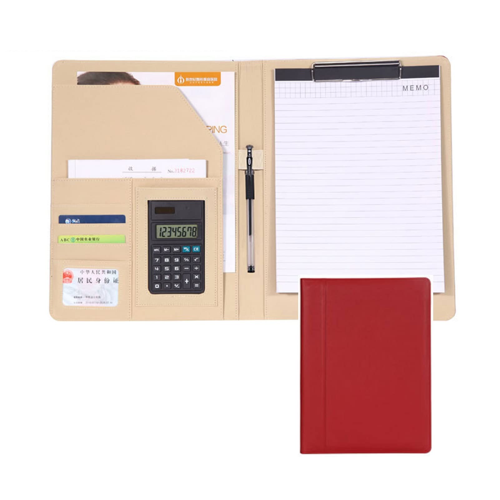Bureau organiseur A4 rouge porte-documents cuir conférencier avec rangement et calculatrice