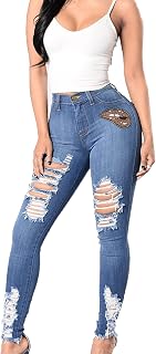Women's Distressed Butt Lift Jeans Stretch High Waisted Jean with Holes Frayed Raw Hem Ripped Skinny Denim Pants
