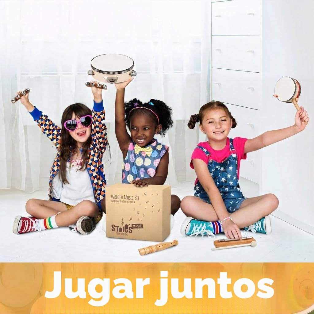 Set de Instrumentos Musicales de Madera Stoie’s para Niños de 1-9 Años – Tambor, Flauta, Maracas, Campanitas, Castañuelas, Pandereta, Juguete Montessori Educativo, Seguro, con Bolsa de Algodón