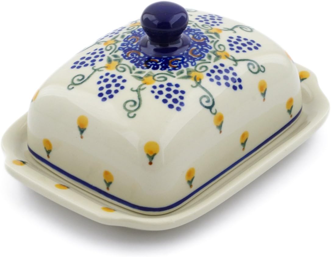 Polmedia Polish Pottery Butter Dish - Summer Grapes Pattern Handmade in Boleslawiec Poland by Ceramika Artystyczna + Certificate of Authenticity
