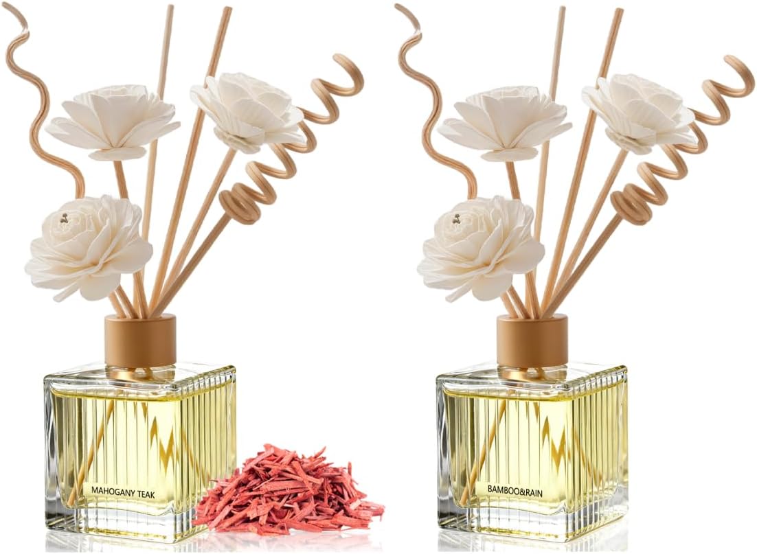 Bamboo Rain & Mahogany Teak Scented Diffuser Set - 2 Pack, 200ml Glass Bottles with Natural Reed Sticks | Soothing & Sophisticated Home Fragrance for Office, Living Room, Bedroom