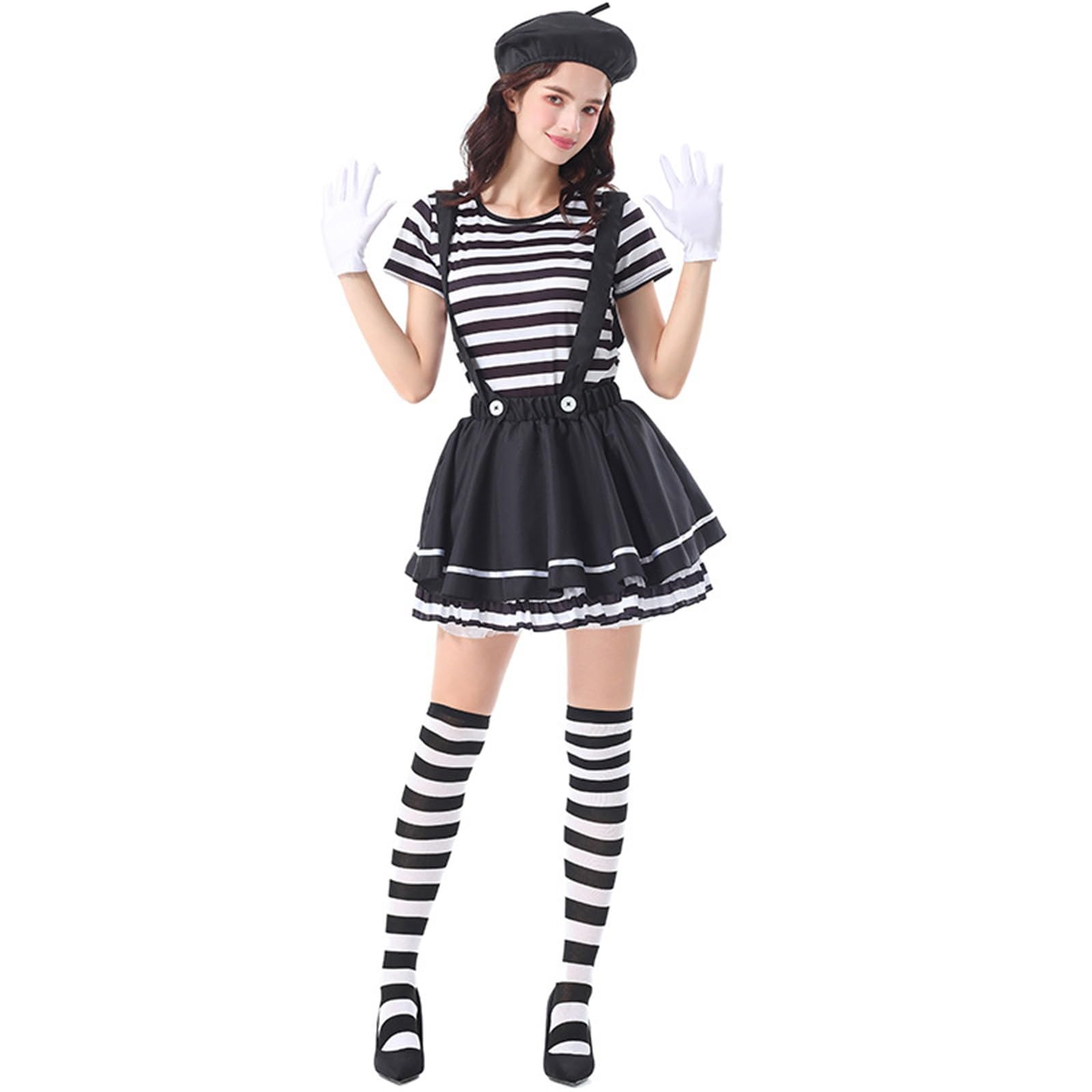 Faschingskostüme Damen Pantomimen Kostüm Damen Gestreift Träger Tüllrock Clown Perfekt Für Halloween Und Party Pantomime Kostüm