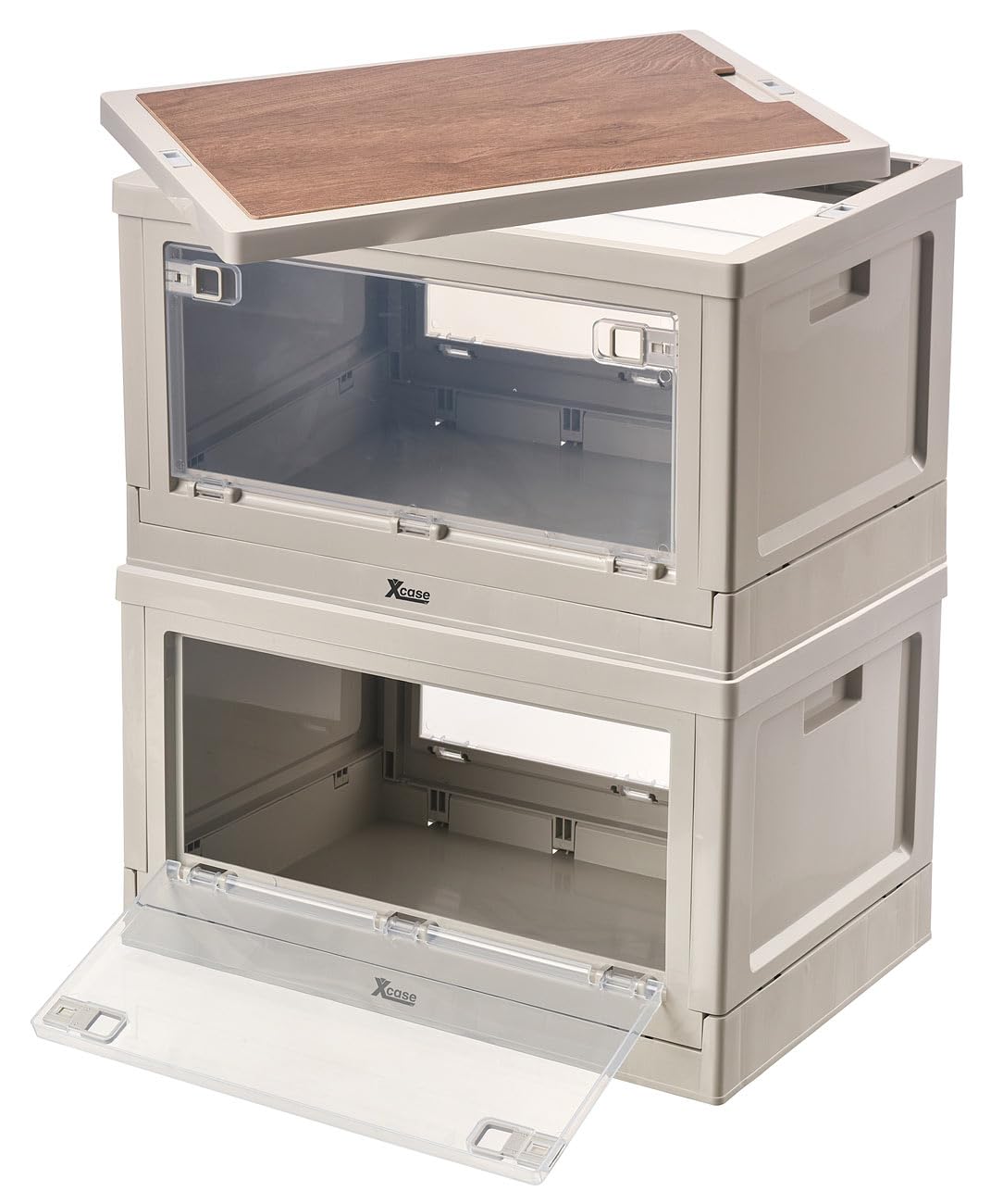 Xcase Campingbox: 2er-Set Camping-Aufbewahrungsboxen, falt- & stapelbar, MDF-Ablage, 55l (Camping Boxen, Faltbare Boxen transparent, Schuhe)