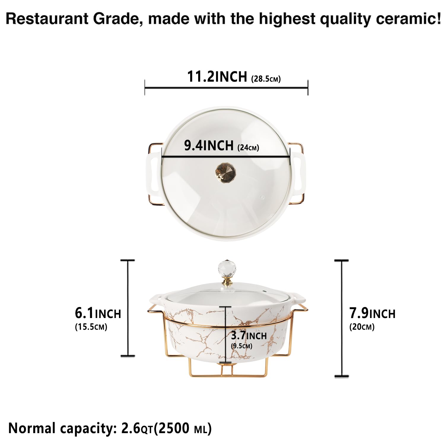 Französisches Terrine-Set aus Porzellan mit Glasdeckel und -rost, 2500 ml Catering-Auflaufform, Chafing Dish für Buffets, Auflaufform zum Aufbewahren von Lebensmitteln