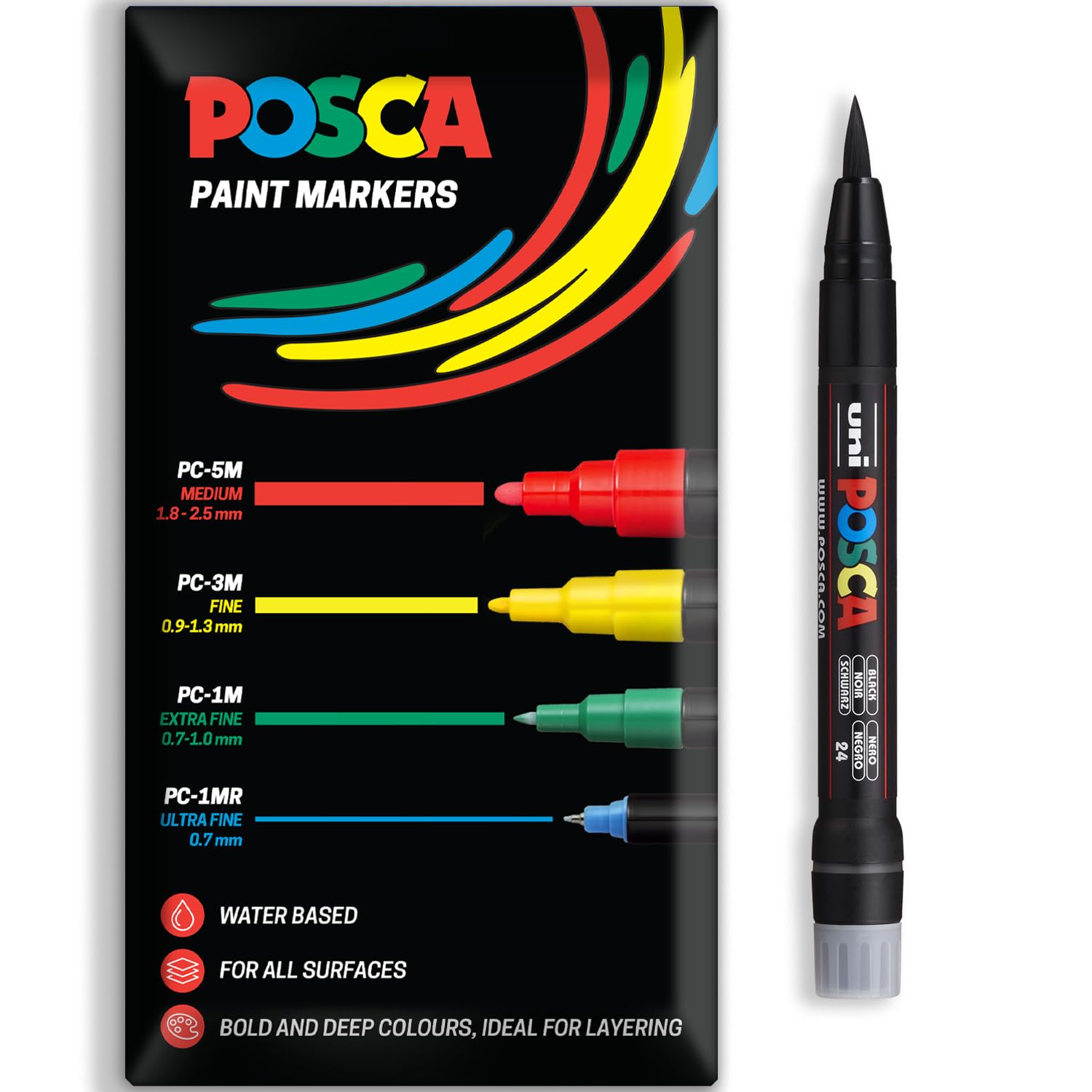 Posca Water Based Acrylic Paint Marker Pens | Multi Surface Use Permanent Paint Pen | Pack of 1 in Envelope Gift Packaging | Glass, Fabric, Wood etc | Brush Nib PCF-350, Black