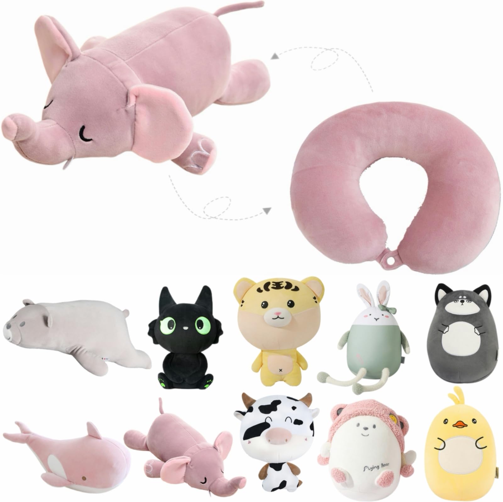 MERGEKO Kids Travel Pillow - 2-in-1 Deformable Kids Neck Pillow for Traveling, Soft U-Shaped Pillow with Adorable Animal Design, Comfy Sleep and Play, Ideal for Airplanes and Traveling