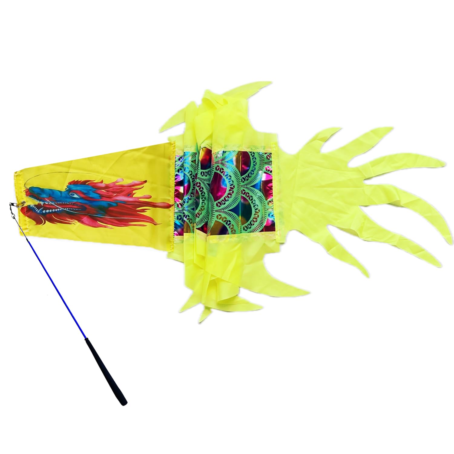 Holographic Dragon Dance Ribbon Streamer, Rainbow Winged Vibrant Dragon Dance Ribbon Poi with Fiberglass Wand for Outdoor Fitness Party Stage