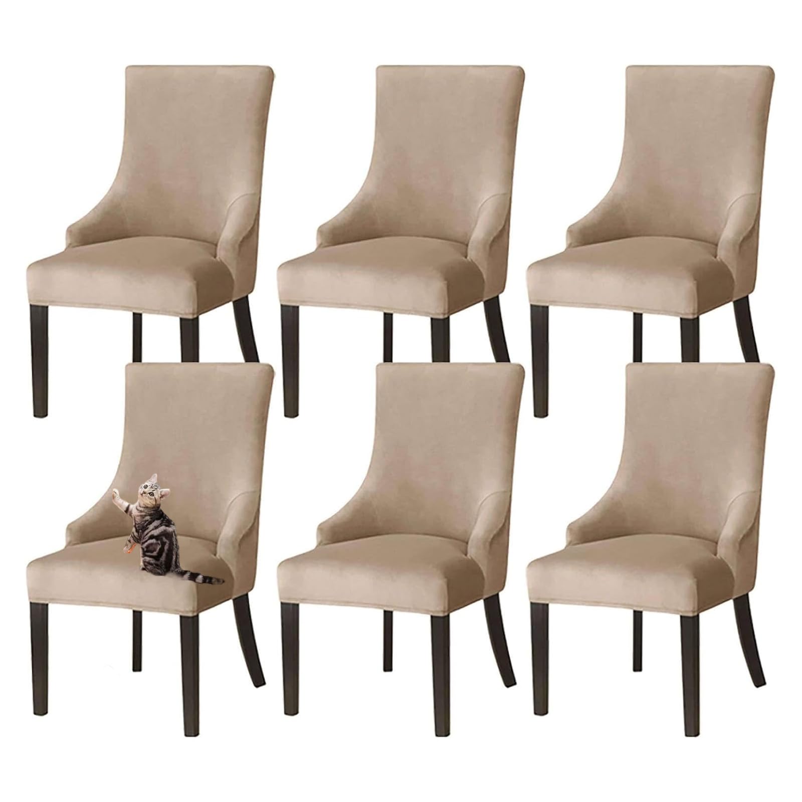 GUYIRT Velvet Wingback Dining Chair Covers, Stretch Wingback Side Chair Slipcover Washable Sloping Armchair Cover for Kitchen Banquet (camel,set of 6)