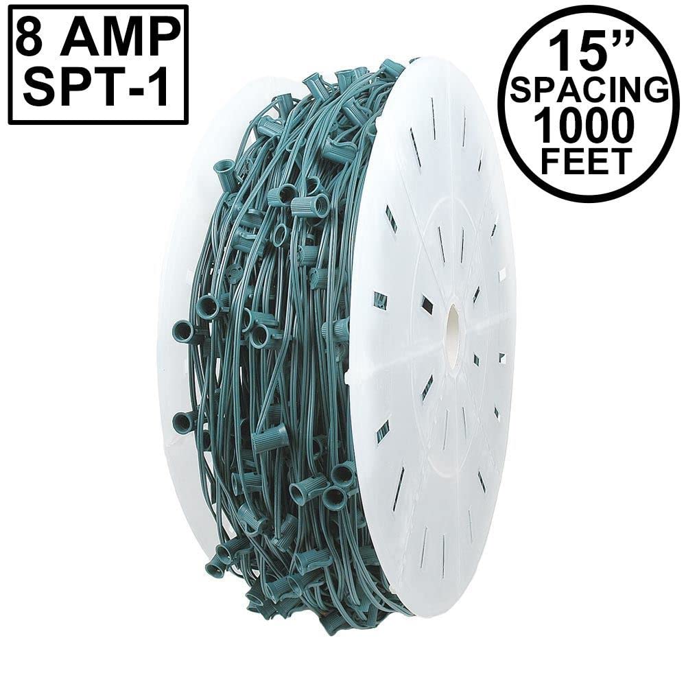 Novelty Lights 1.000 Feet C9/E17 Socketed Light Spool, 38,1 cm Spacing Green Wire Bulk Reel, 8 Amp SPT-1 Draht, kommerzielle Qualität, Indoor/Outdoor, All Weather, Custom Lengths