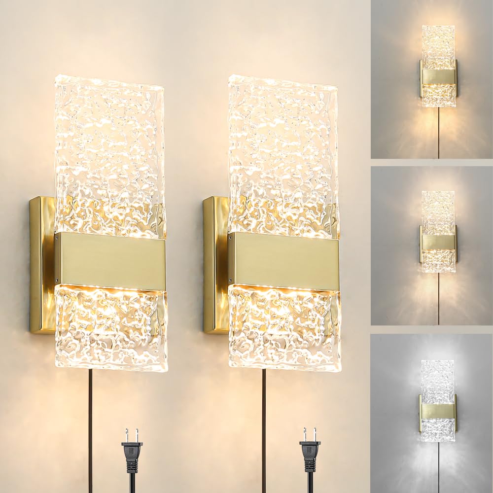Photo 1 of Plug in Wall Sconce Set of 2 - Small Gold Dimmable Bedroom Wall Light, Remote Control 6W LED 3000K-5000K Plug-in Wall Lamp with Timer, Acrylic Sconce Wall Lighting Bedside, Living Room, Bathroom