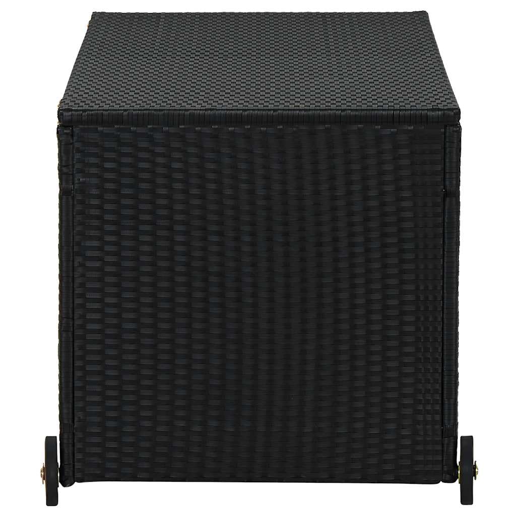 Garten-Auflagenbox Schwarz 120x65x61 cm Poly Rattan Kissenbox mit Rollen und Holzgriff Gartentruhe mit Gasdruckfeder für Kissen Auflagen Decken und Spielzeug