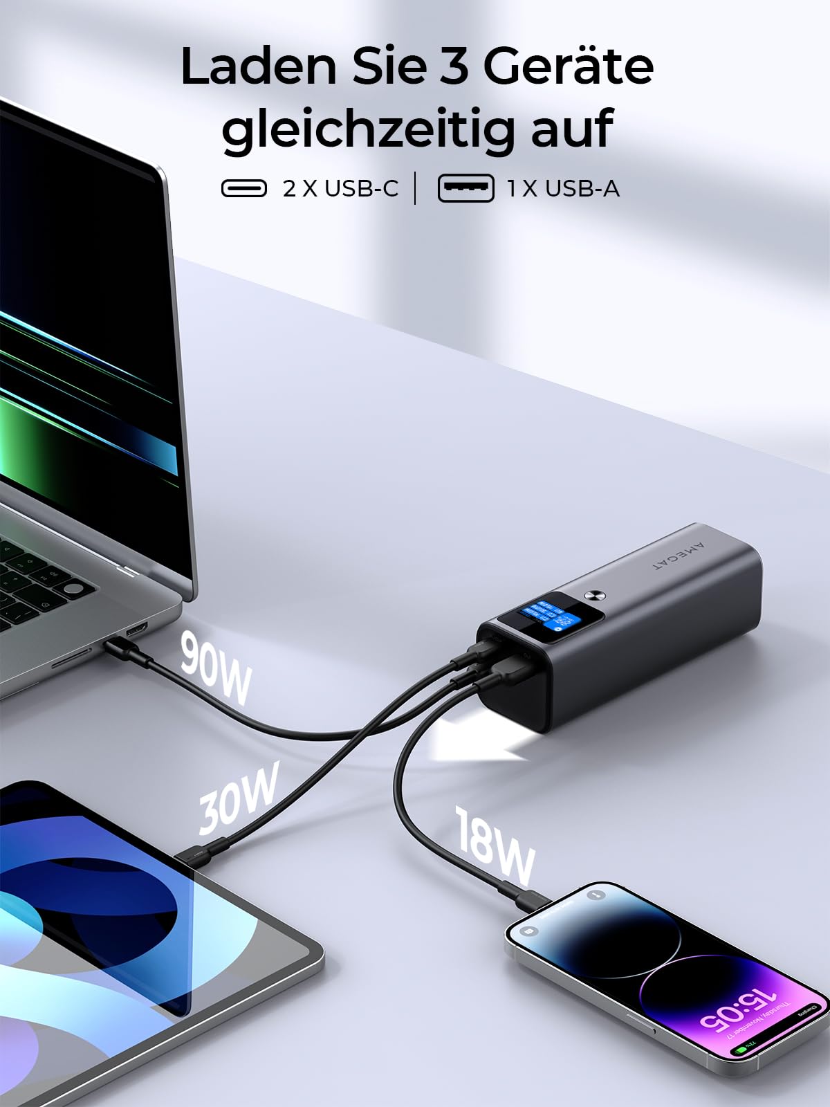 AMEGAT Power Bank 140W, 27600mAh Powerbank PD 3.1 USB C Input & Output Batteria esterna, display digitale, per Laptop, Tablet, Smartphone, Auricolari e Altro