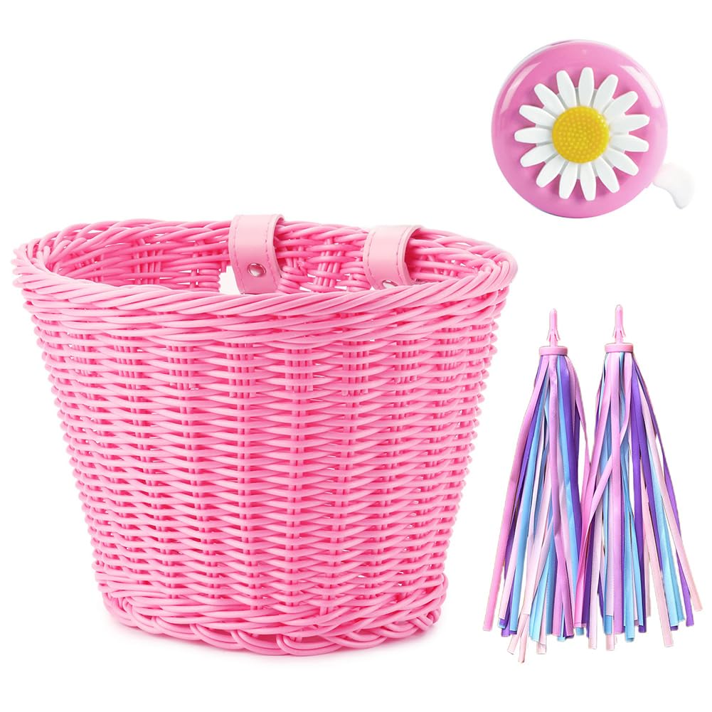 Kid's Bicycle Basket Streamers Set, Children's Bike Handlebar Wicker Basket Bike Streamers Bell and Stickers,Bicycle Decoration Accessories for Toddler Children Kids Girl (Pink)
