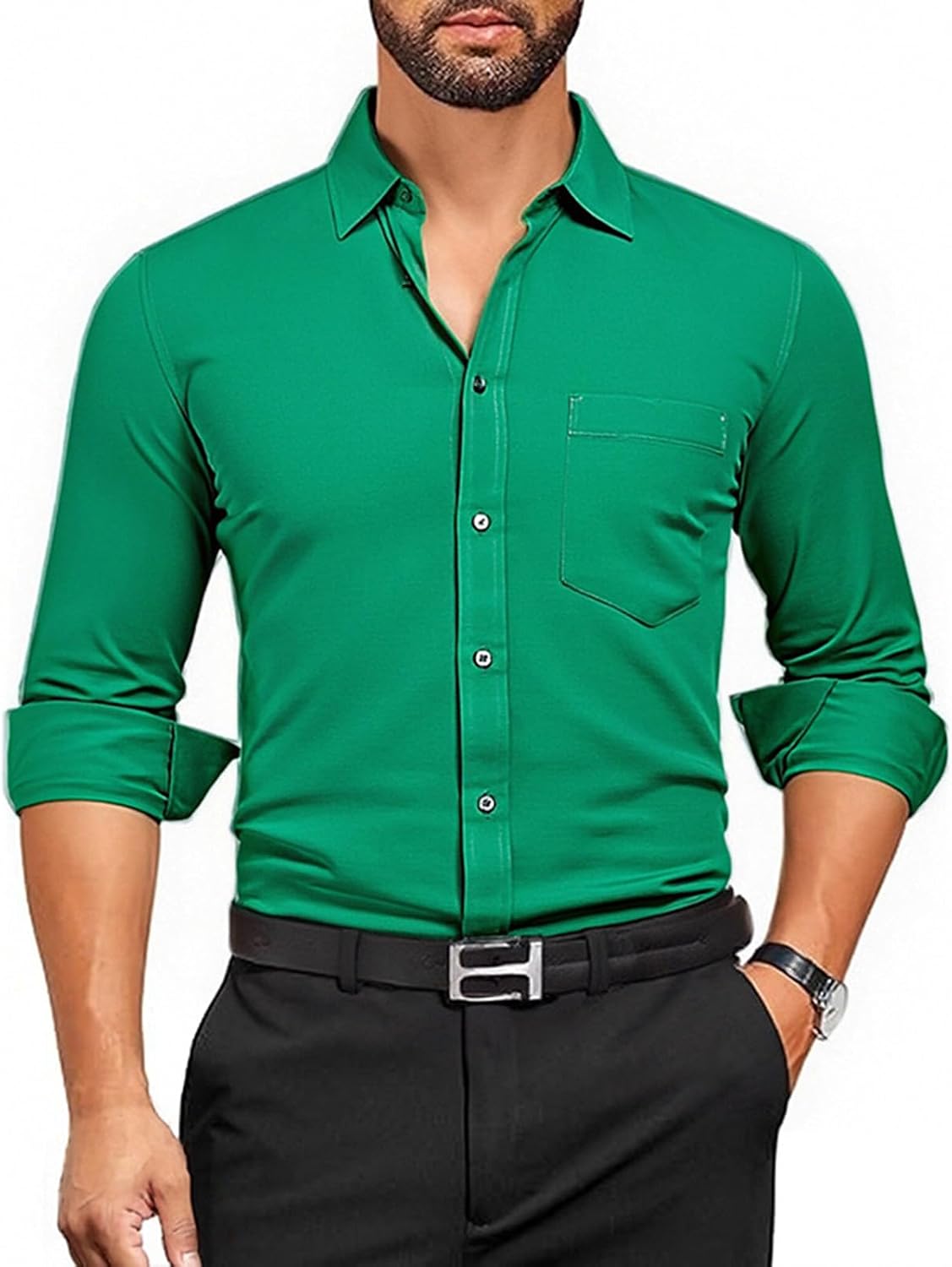 Ymosrh Men's Casual Button Up Dress Shirt Long Sleeve Solid Business Formal Wedding Shirts