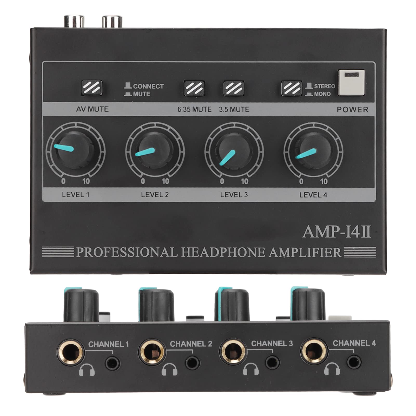 AMP14II Amplificateur de Casque 4 Canaux, Amplificateur de Casque Stéréo Compact 4 Voies avec Adaptateur 12 V 2 A, Distorsion Minimale pour Studio et Scène (Prise UE)