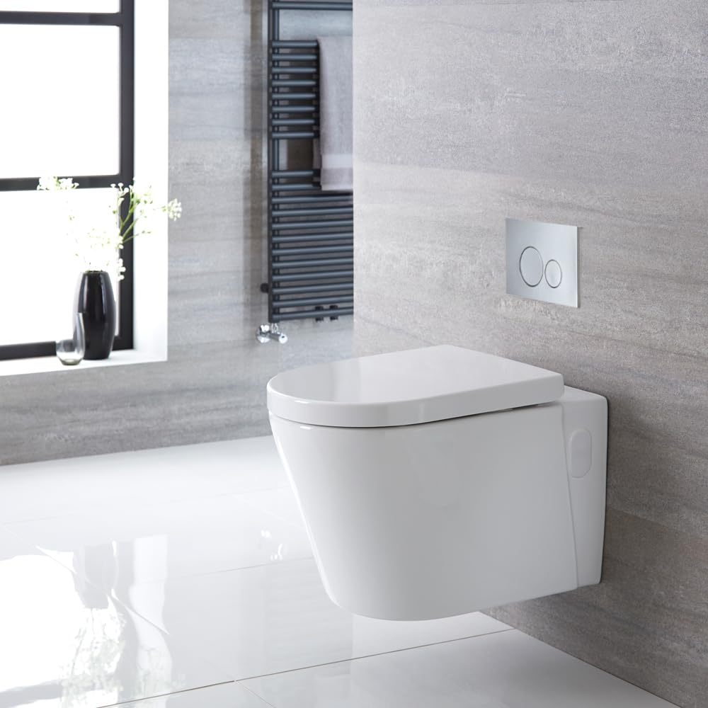 Milano Ballam White Wall Hung Round Toilet Short Frame Dual Flush Cistern - Chrome Round Plate