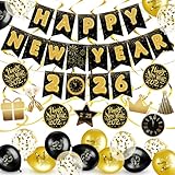 TaoBary 2026 New Years Eve Party Decoration Supplies Happy New Year Banner Gold and Black Hanging Swirls Balloons Cake Toppers for 2026 Eve Party Booth Props