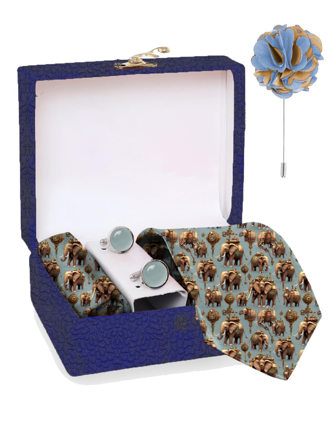 Retro Elephant Printed Tie and Pocket Square Set with Cufflink and Matching Flower Lapel Pin-image-49