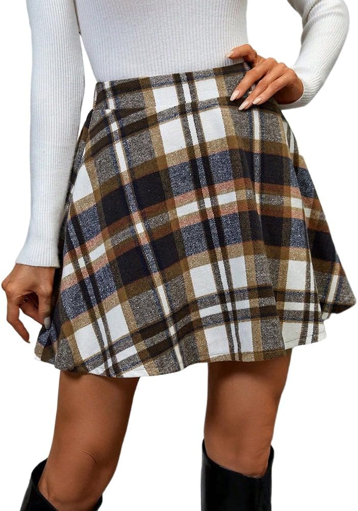Kinghua Plaid Skirt for Women Fall Winter Clothes Casual High Waisted Pleated Flowy A Line Vintage Cute Flared Mini Skirts