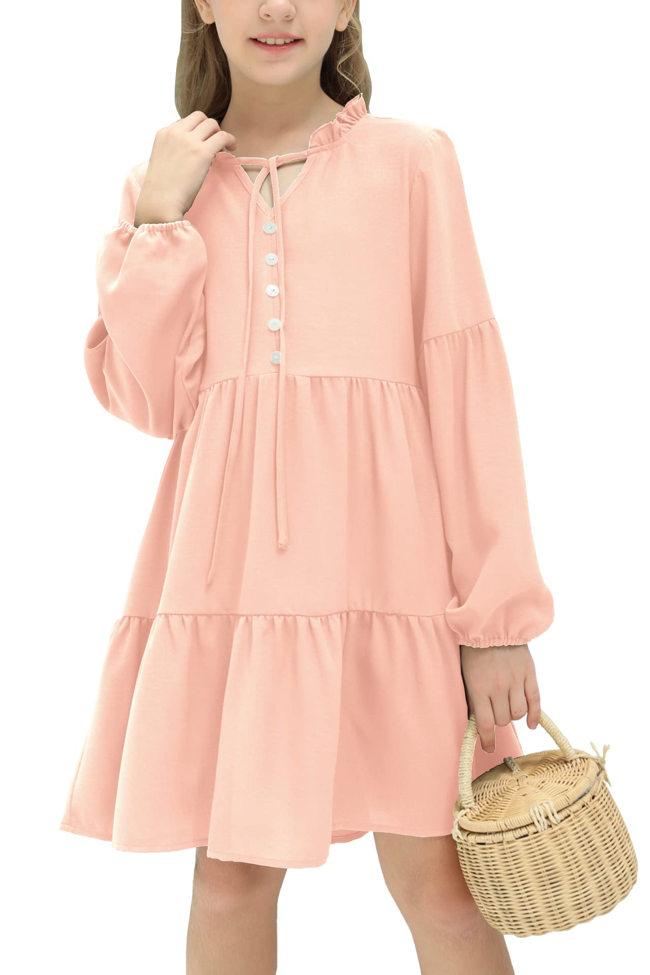 simtuor Girls' Long Sleeve Dress Ruffle Collar V Neck Button-Down Solid Casual A-Line Midi Dresses