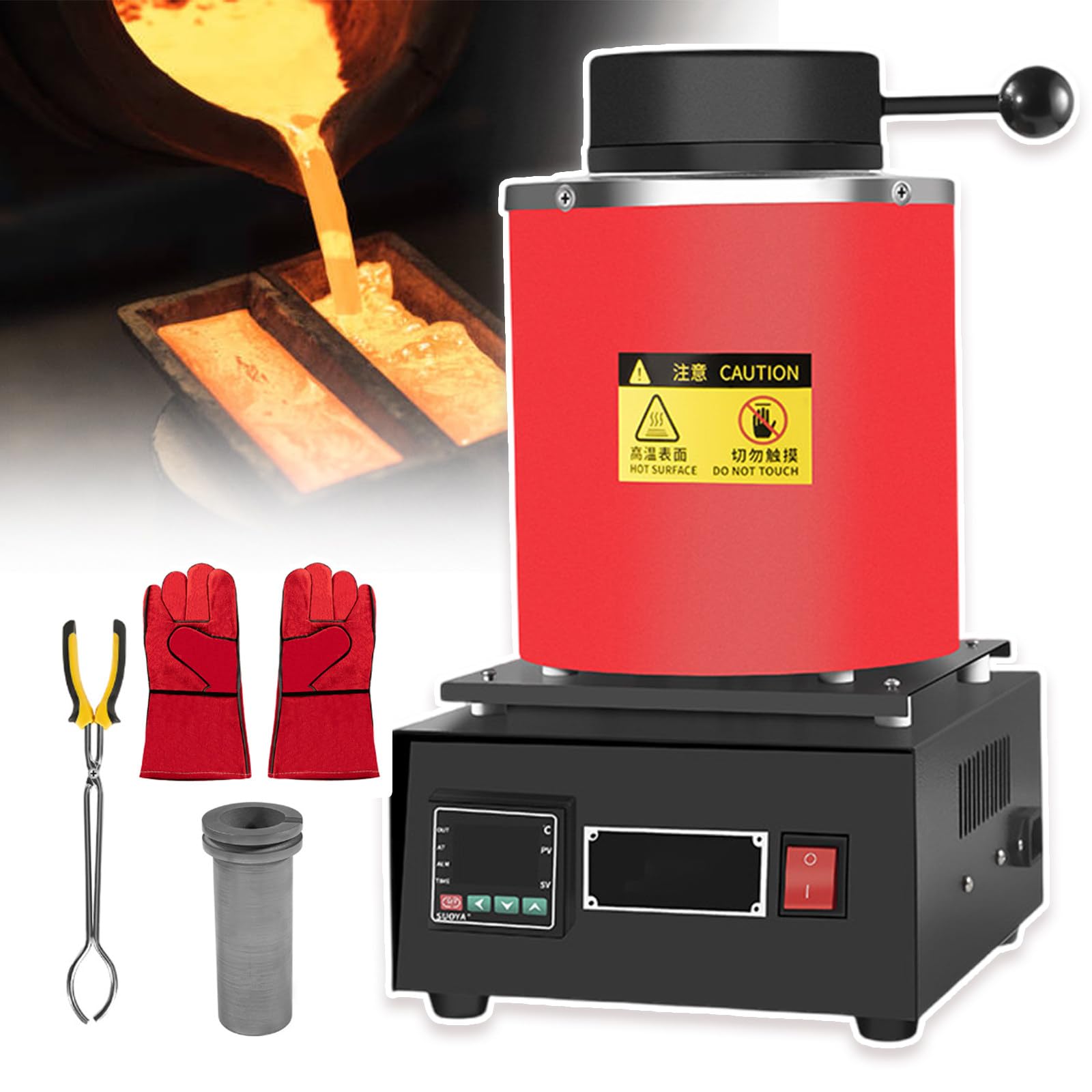 Elektryczny piec do topienia złota, cyfrowa maszyna do topienia metali 1150 ℃, regulacja temperatury, ogrzewanie cewki magnetycznej, tygiel grafitowy, rękawice termoizolacyjne,