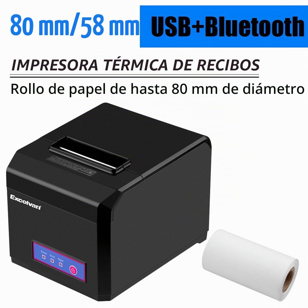 Excelvan - Impresora térmica de recibos, con Bluetooth, 80 mm, ESC/POS, para Android/iOS/Linux/Win 2000/Win 2003/Win XP/Win 7/Win 8/Win 8.1/Win 10, de color negro