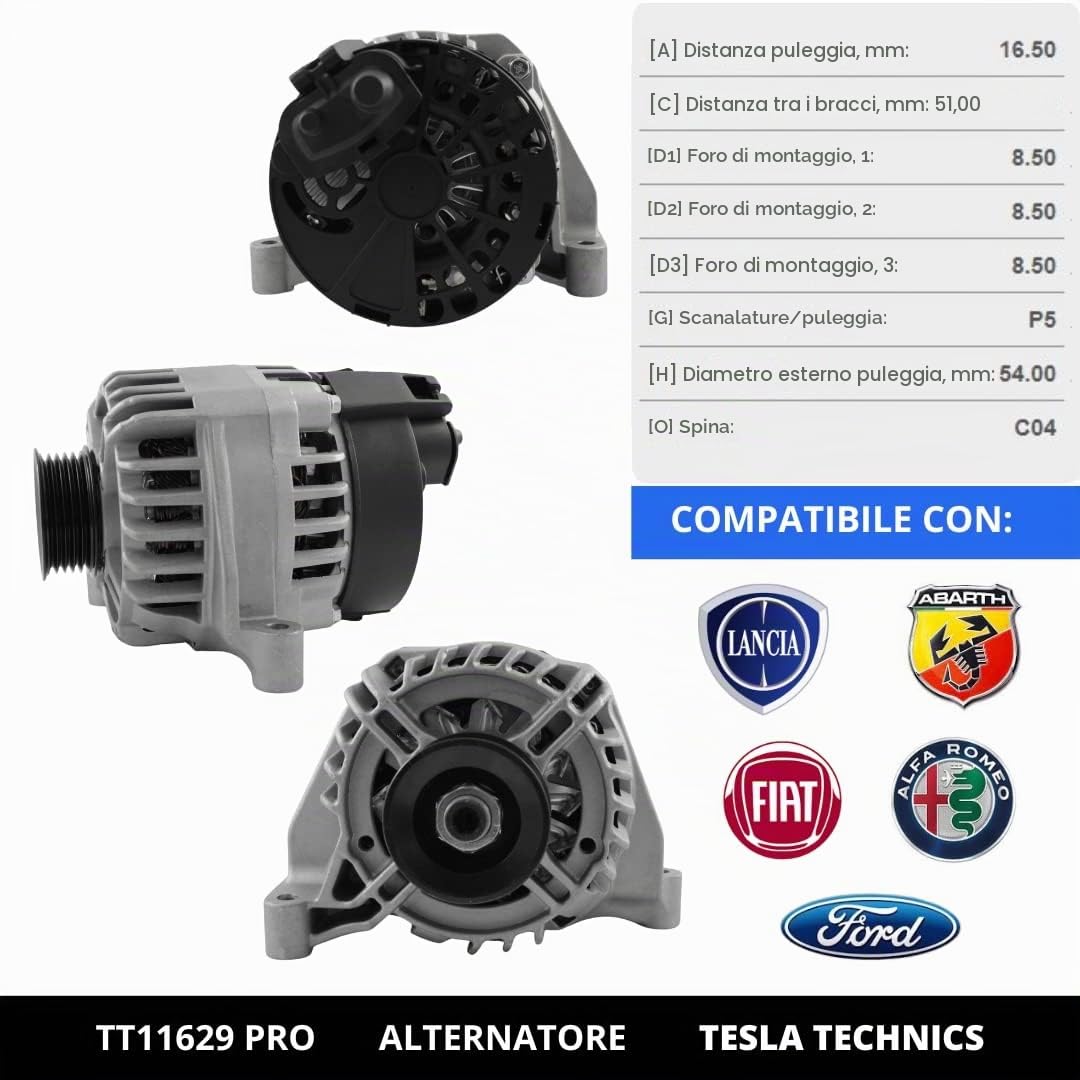 TT11629 PRO Alternatore per auto 12V, alternatore 75A. Compatibile con FIAT, ALFA ROMEO, FORD, ABARTH. Eccellente rapporto qualità-prezzo. Installazione facile e garanzia.