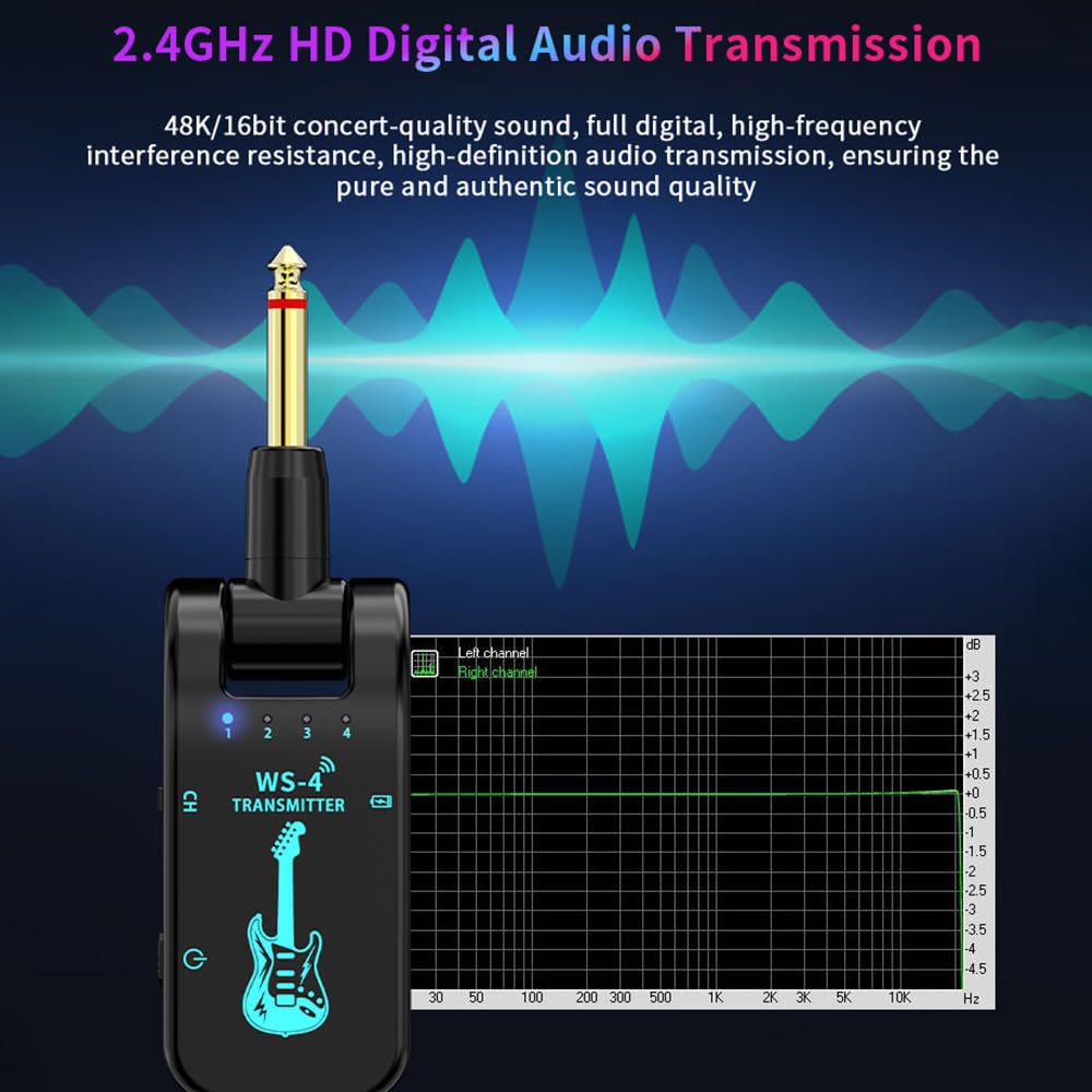 Kavolet Système de guitare sans fil 2,4G, émetteur et récepteur de guitare rechargeables, avec 10 heures d’autonomie de batterie, Plug and Play, transmission en temps réel 48K/16bit, connecteur