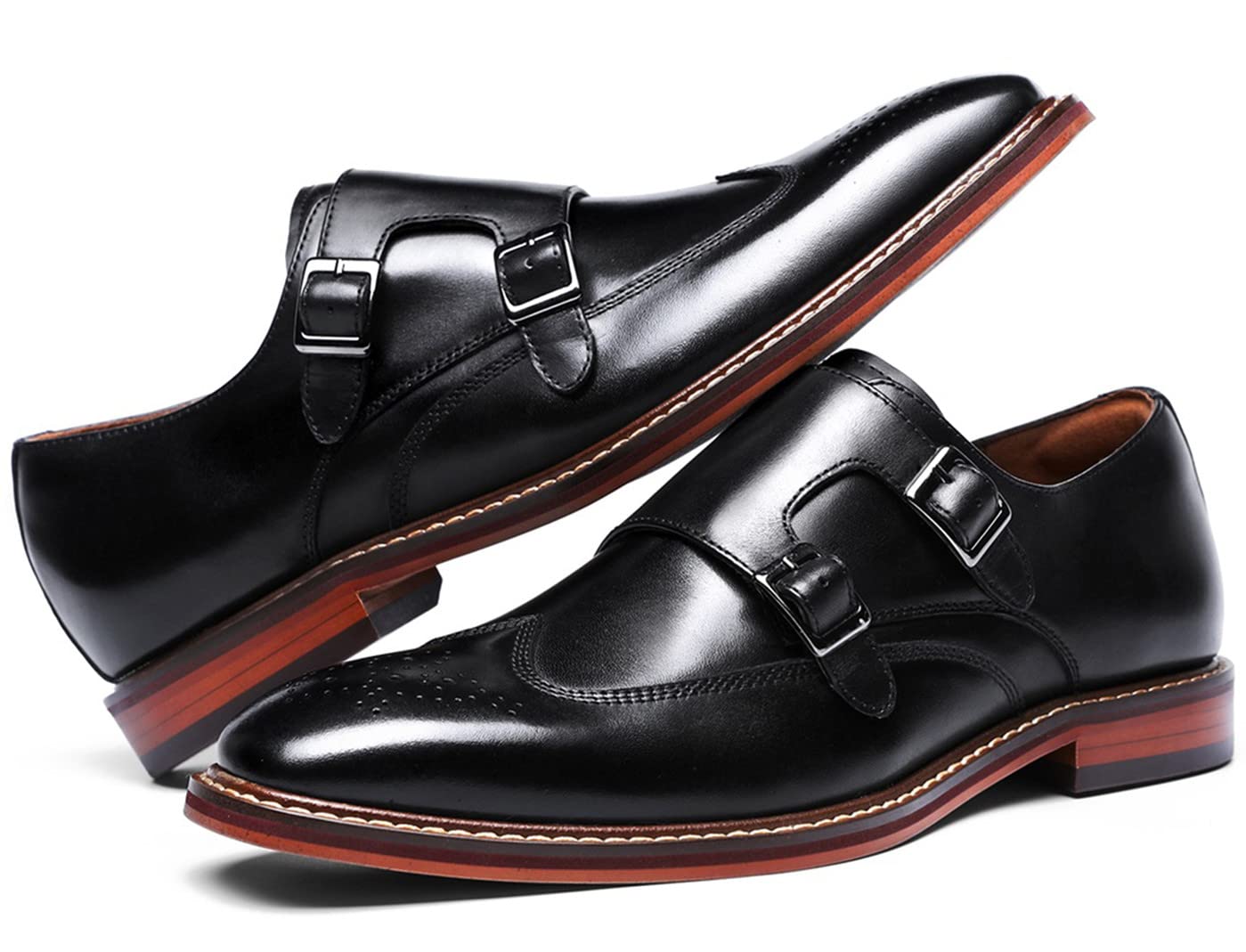 Zapatos de Doble Monje para Hombre, de Cuero, con Correa de Hebilla clásica, sin Cordones, con Punta de ala, Informales, para Boda, Mocasines Black 41 EU