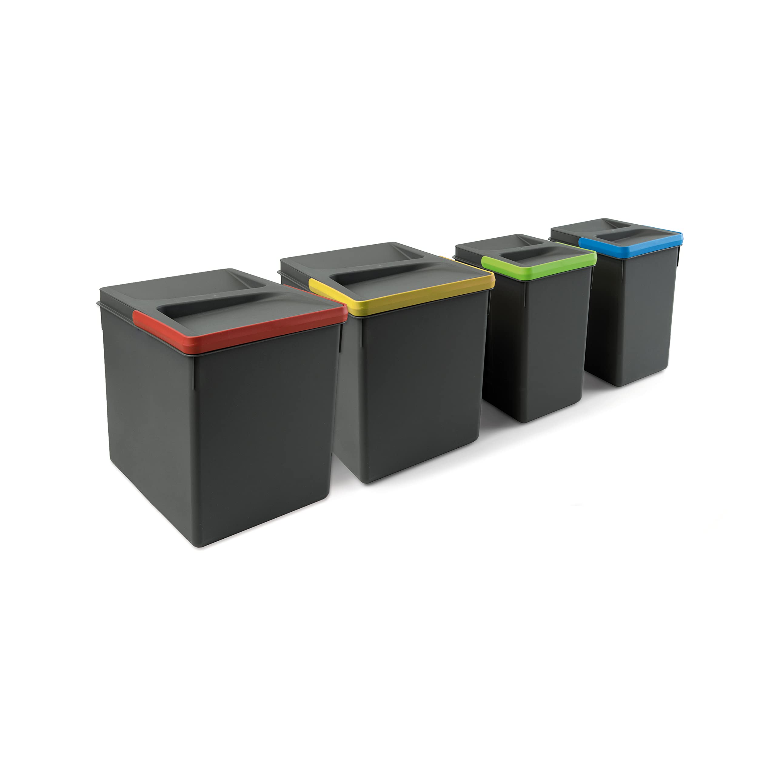 EMUCA - Contenedores de reciclaje, 15 L + 15 L + 7L + 7 L, módulo 800 mm, Plástico, Gris antracita, 4 ud. + Base