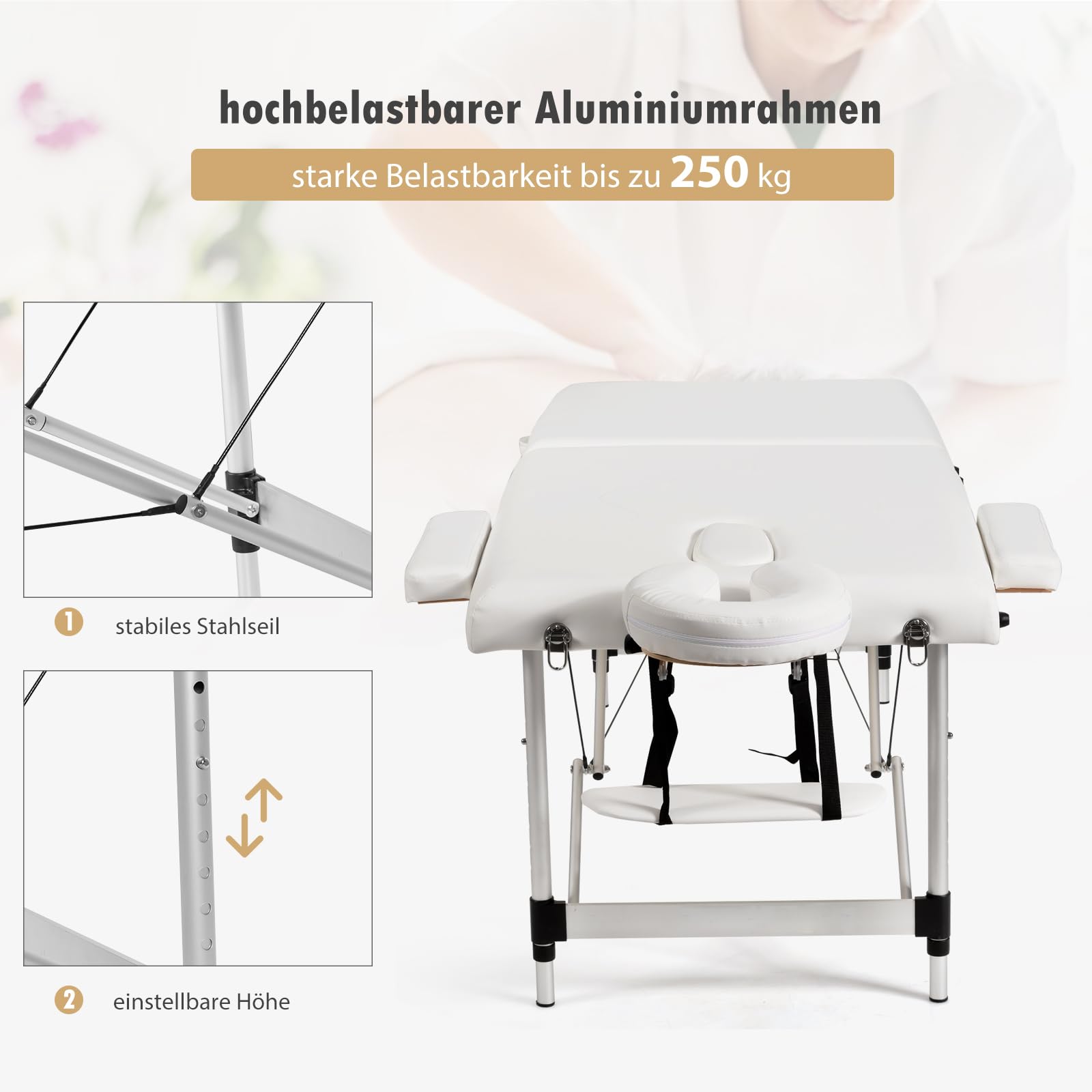 RELAX4LIFE Massageliege 2 Zonen Höhenverstellbar, Massagebett Klappbar, Massagetisch mit Tragetasche, Abnehmbarer Kopfstütze & Armlehnen, Kosmetikliege Massagebank 70cm Breit, bis 250 kg belastbar