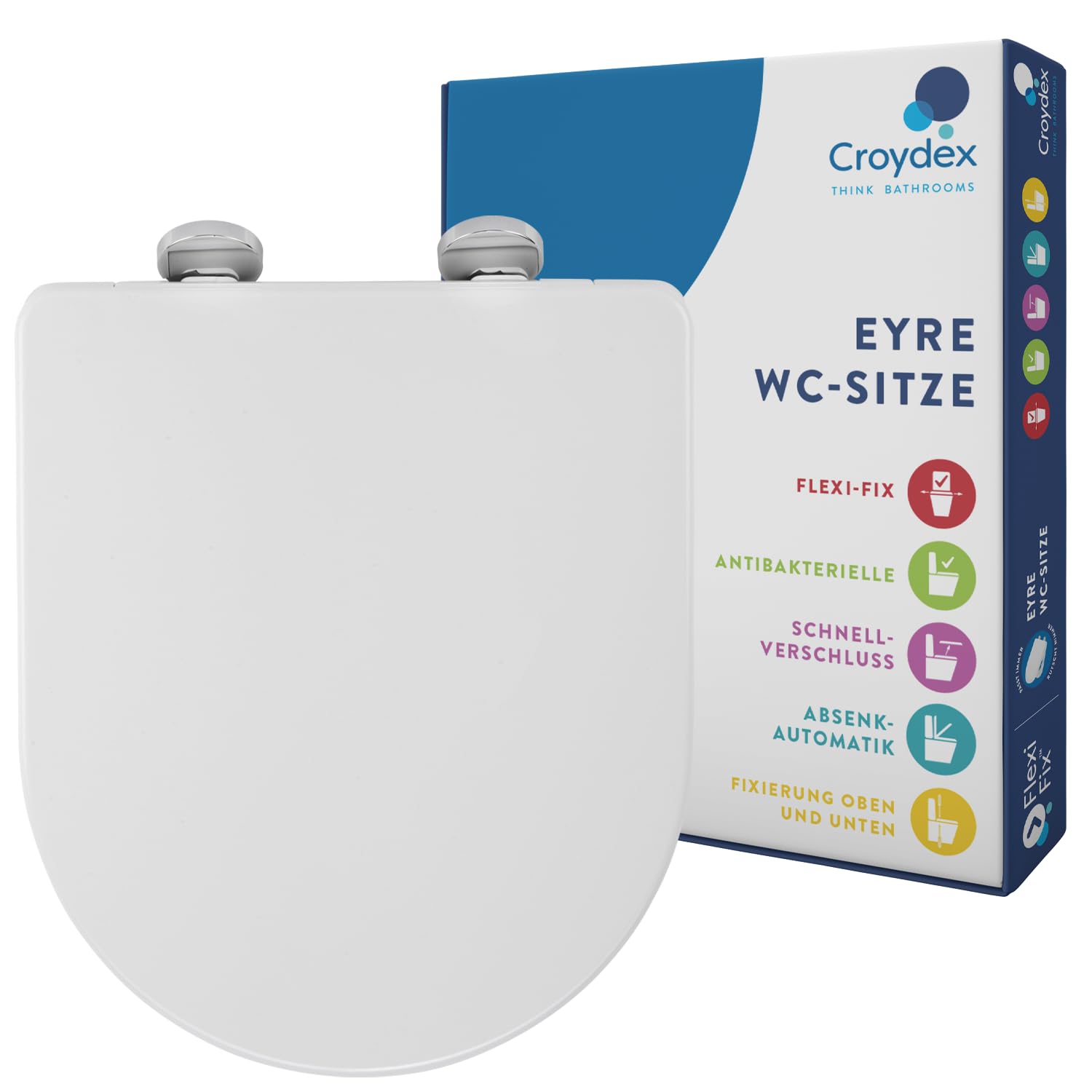Croydex Eyre Toilettendeckel mit Absenkautomatik – Flexi-Fix Einfache Montage - Quick-Release zur einfachen Reinigung - antibakterieller wc sitz in D-Form - Weiß